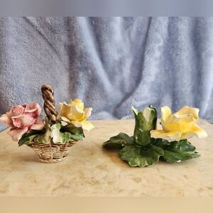 2 Vintage Capodimonte Porcelain Miniature Flower Basket & Candle Holder Italy